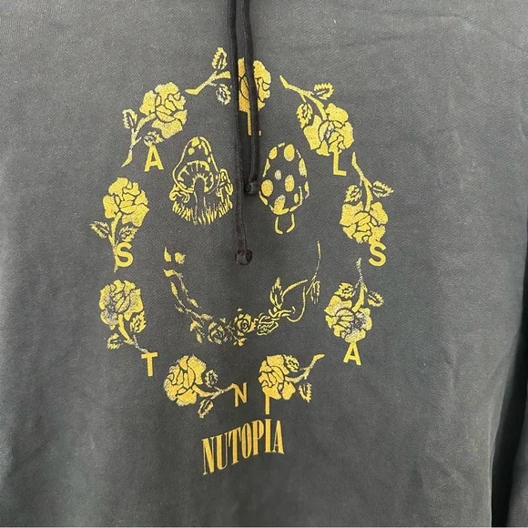 All Saints Nutopia faded black/dark charcoal grey Hoodie with Yellow Graphic - Picture 3 of 4